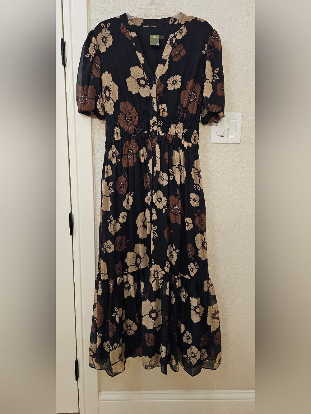 Taylor Black Floral Midi Dress with Brown and Cream Blooms